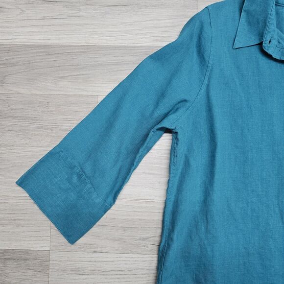 Chico's Womens Teal Linen Button Down Shirt Size 8 3/4 Sleeves Chico's 1 - Picture 3 of 10